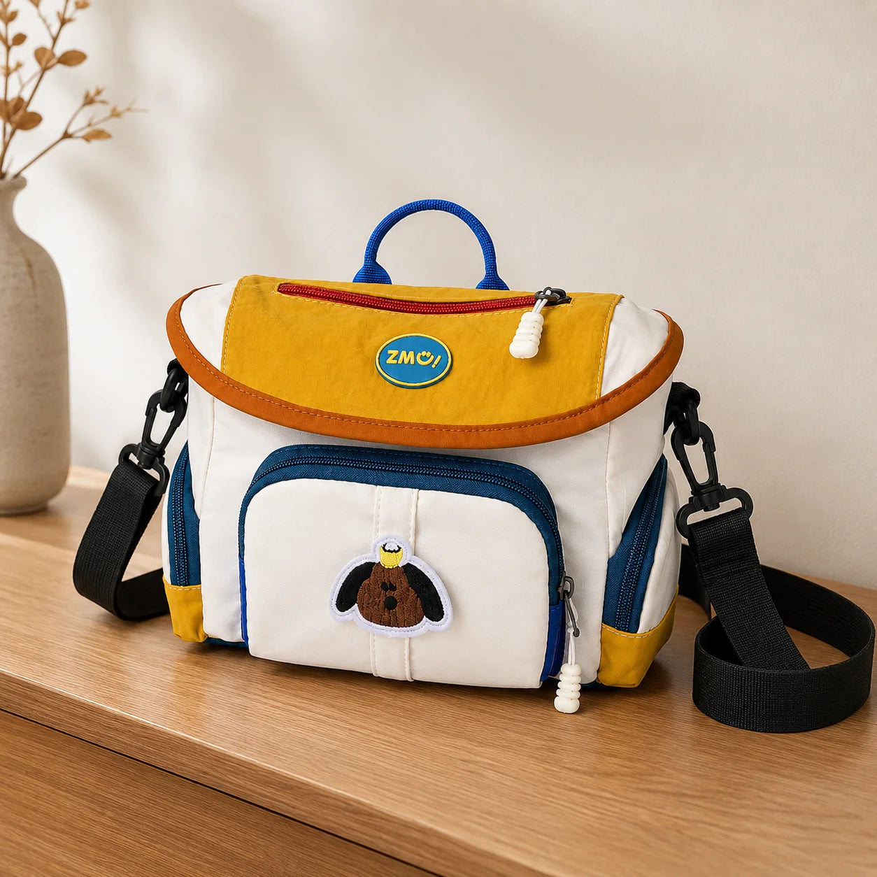 🐶 Retro Color-Block Puppy Messenger Bag – Cute Japanese Canvas Crossbody