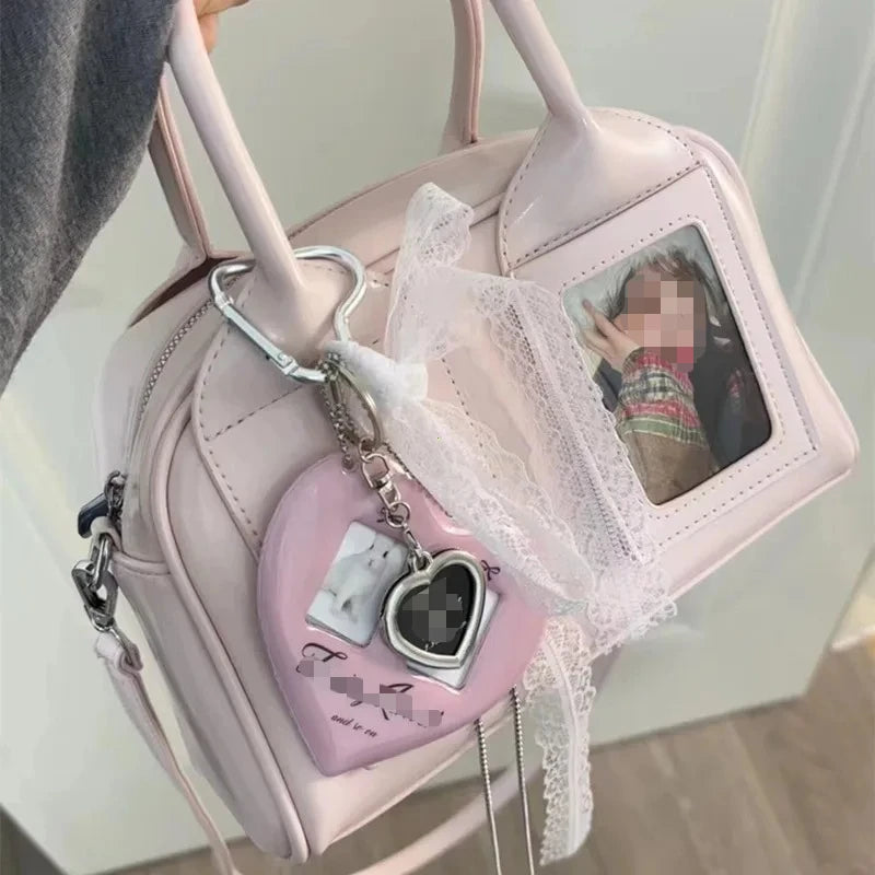 🎀 Adorable K-Pop Photocard Boston Bag – Sweet Coquette Lace & Heart Crossbody