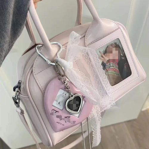 🎀 Adorable K-Pop Photocard Boston Bag – Sweet Coquette Lace & Heart Crossbody