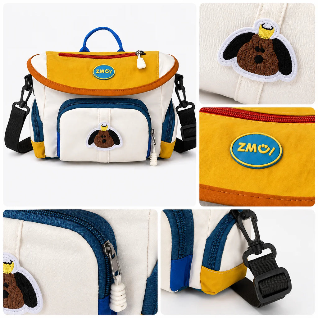 🐶 Retro Color-Block Puppy Messenger Bag – Cute Japanese Canvas Crossbody
