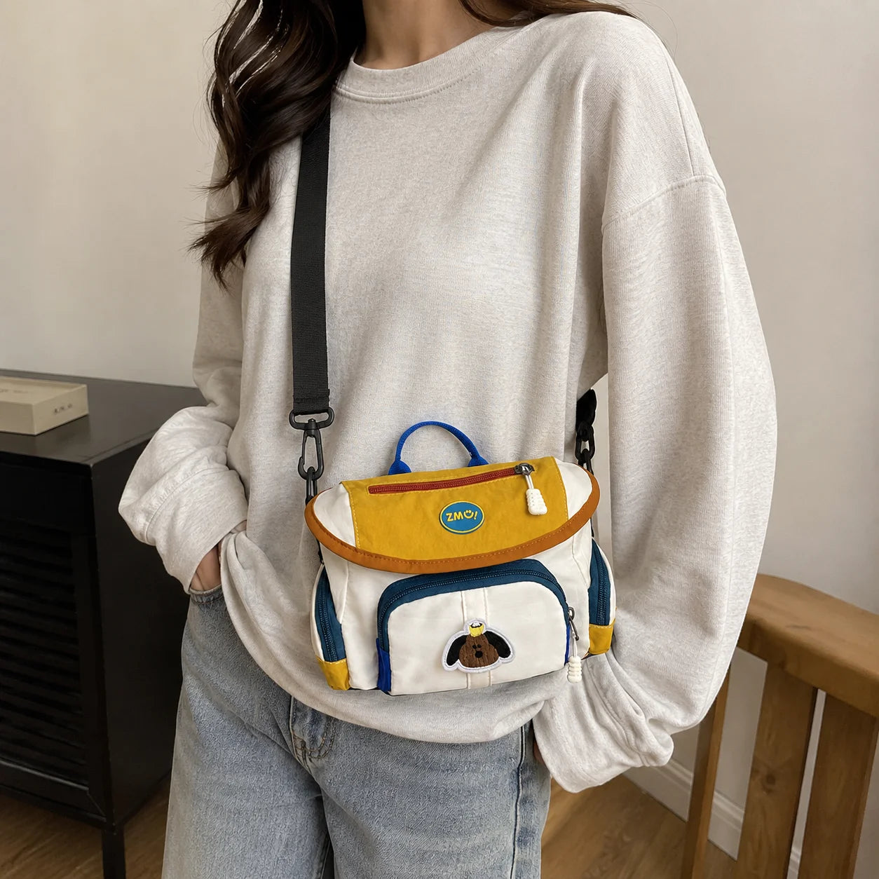 🐶 Retro Color-Block Puppy Messenger Bag – Cute Japanese Canvas Crossbody