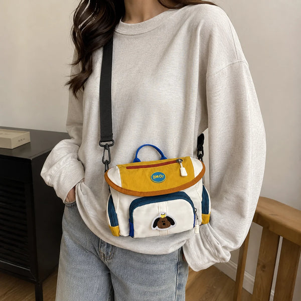 🐶 Retro Color-Block Puppy Messenger Bag – Cute Japanese Canvas Crossbody