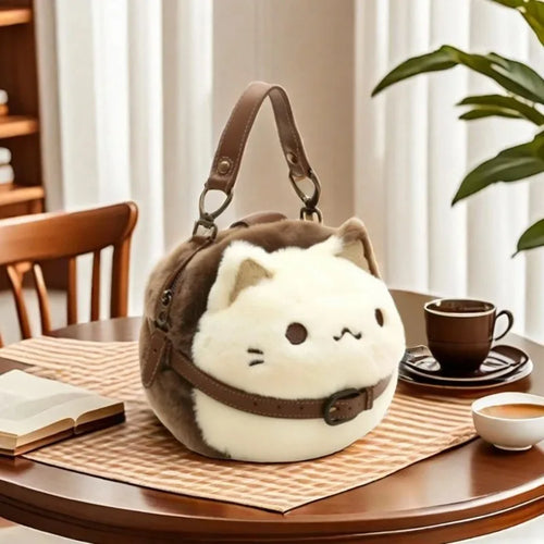 🐱 Cozy Plush Kitty Satchel Bag – Soft Felt Tabby Cat Shoulder Purse