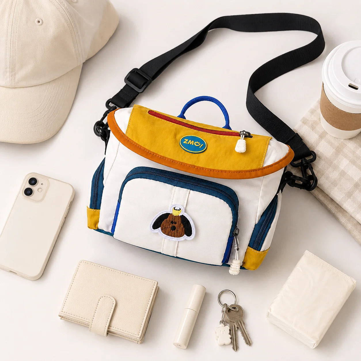 🐶 Retro Color-Block Puppy Messenger Bag – Cute Japanese Canvas Crossbody