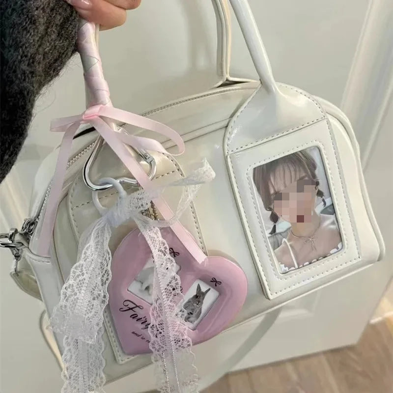 🎀 Adorable K-Pop Photocard Boston Bag – Sweet Coquette Lace & Heart Crossbody