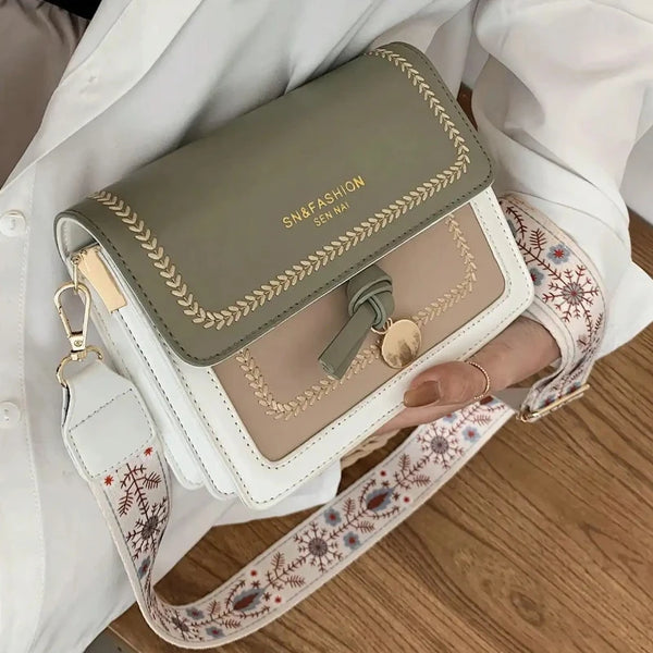 🌿 Vintage Embroidered Leaf Crossbody Bag – Boho Chic Wide Strap Shoulder Purse