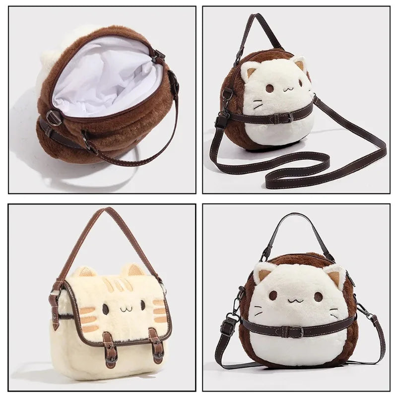🐱 Cozy Plush Kitty Satchel Bag – Soft Felt Tabby Cat Shoulder Purse