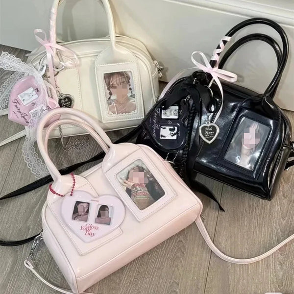 🎀 Adorable K-Pop Photocard Boston Bag – Sweet Coquette Lace & Heart Crossbody