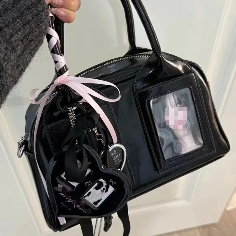 🎀 Adorable K-Pop Photocard Boston Bag – Sweet Coquette Lace & Heart Crossbody