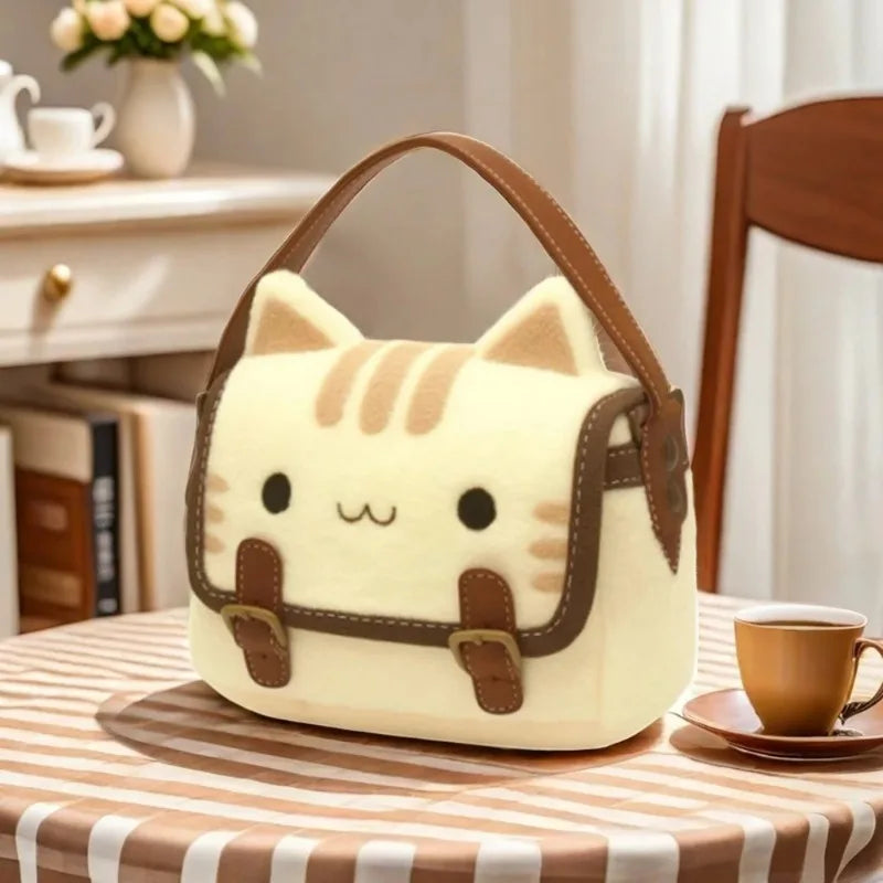 🐱 Cozy Plush Kitty Satchel Bag – Soft Felt Tabby Cat Shoulder Purse