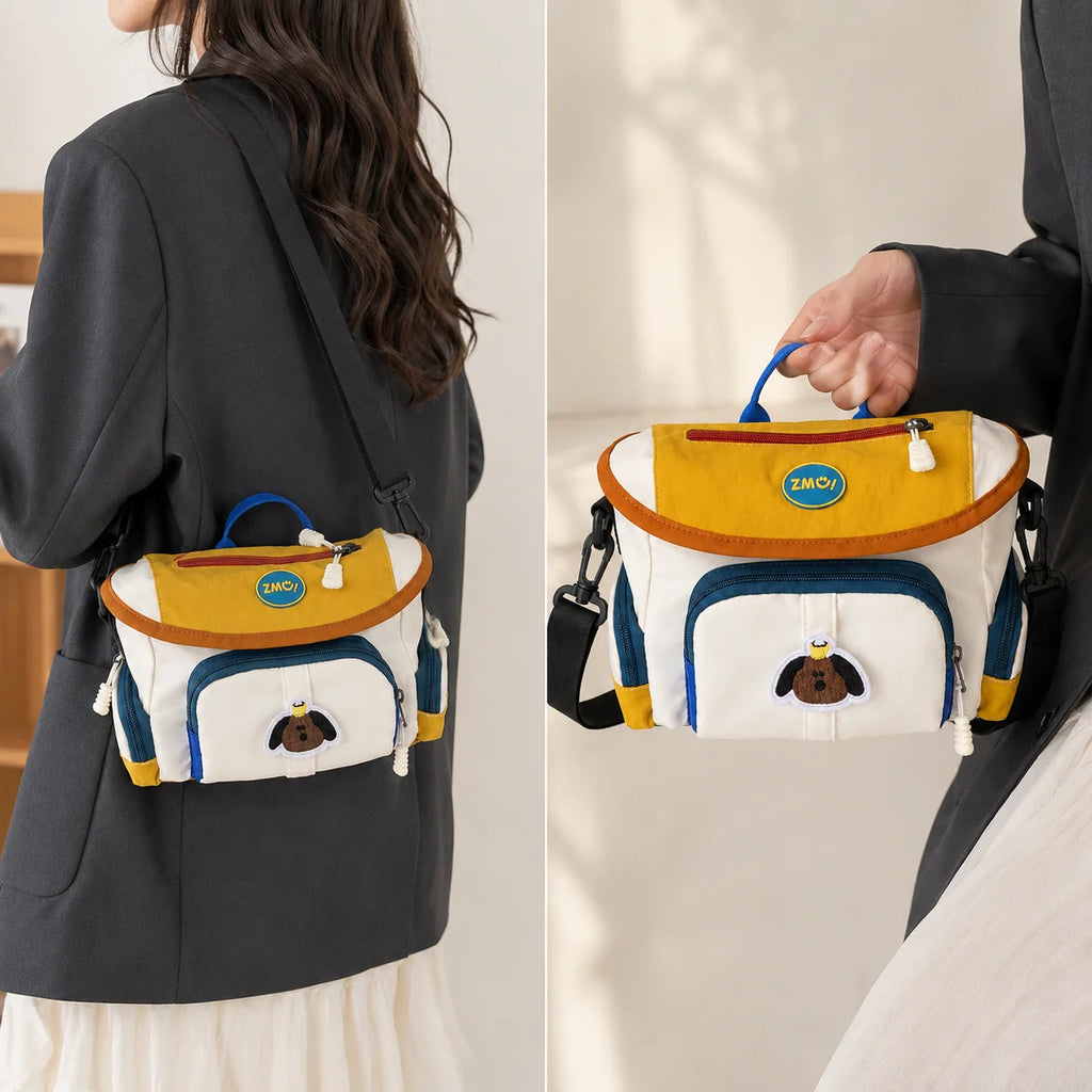 🐶 Retro Color-Block Puppy Messenger Bag – Cute Japanese Canvas Crossbody