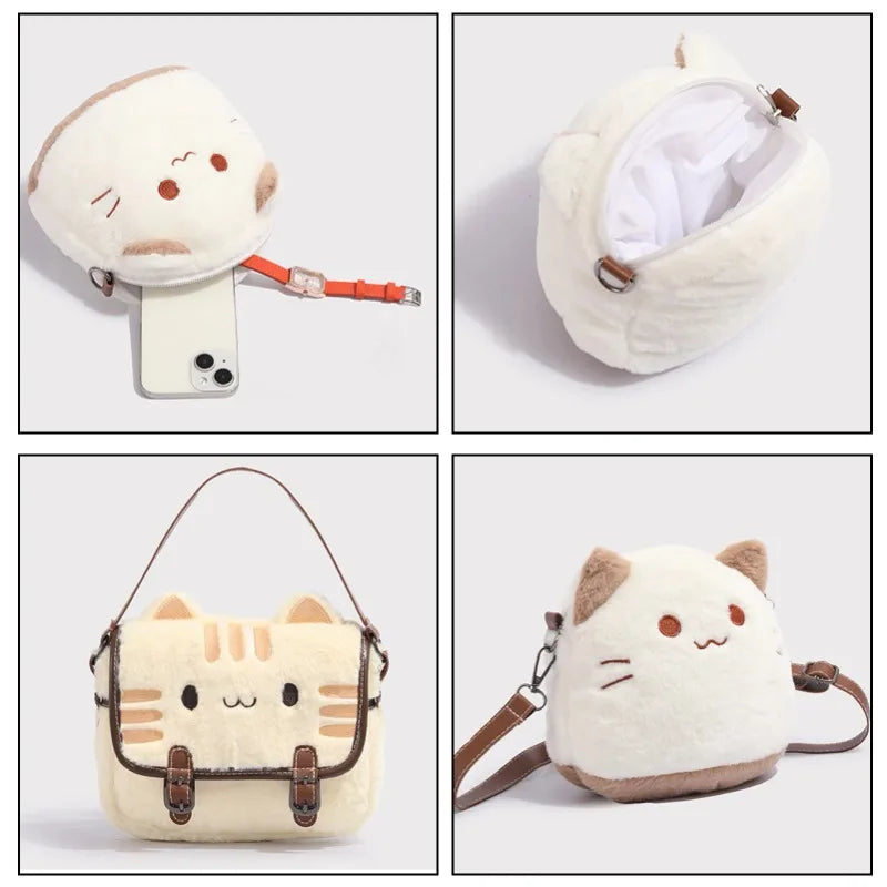 🐱 Cozy Plush Kitty Satchel Bag – Soft Felt Tabby Cat Shoulder Purse